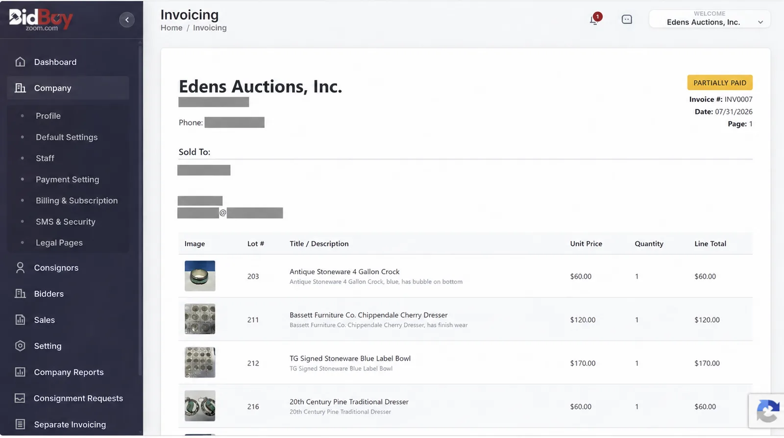 A bidder-facing account menu showing available features.
