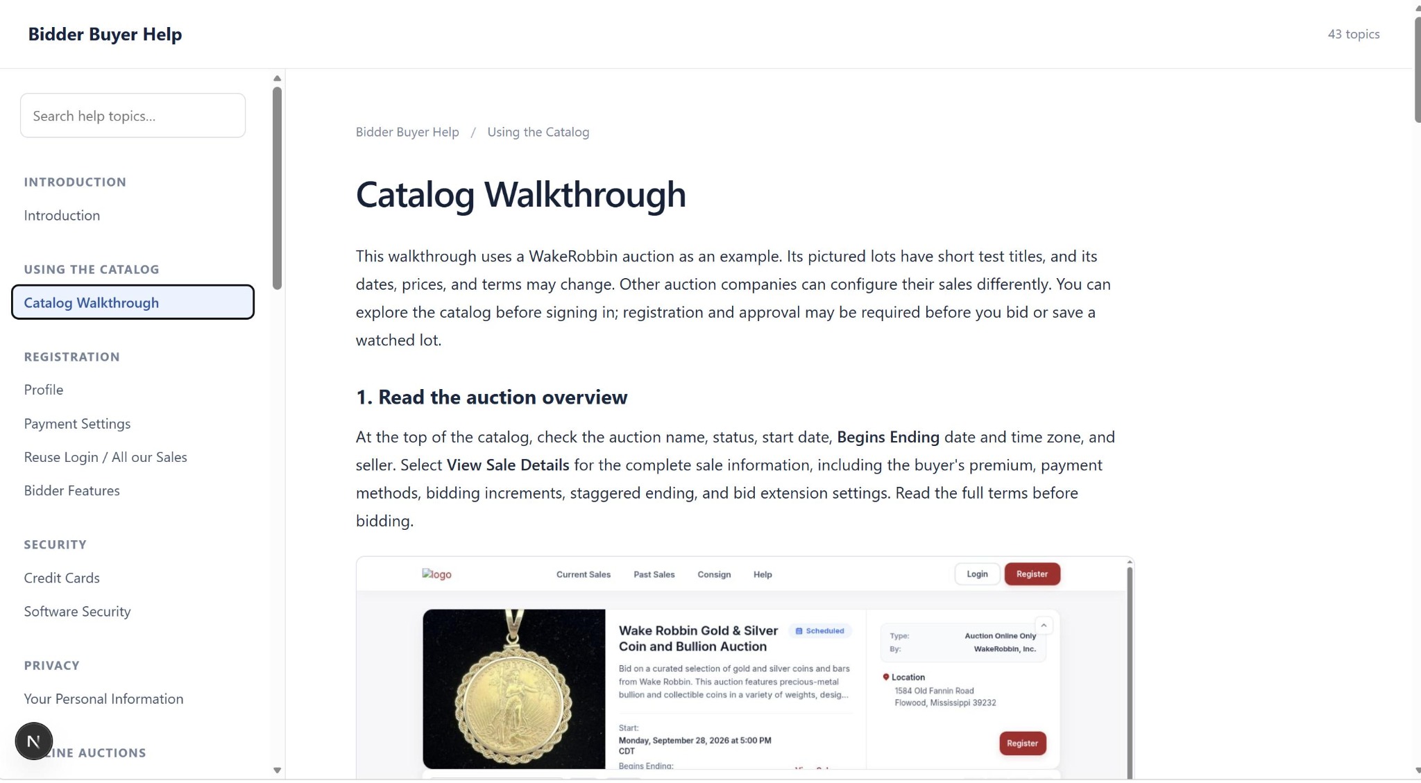 The bidder help guide available to auction participants.