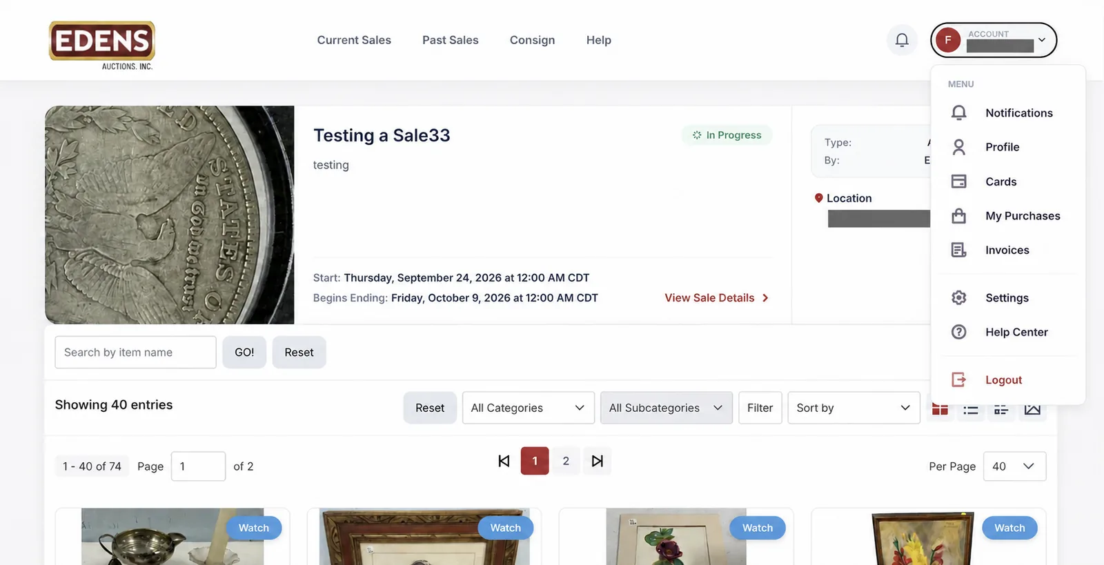 Example bidder invoice: review the items and totals.