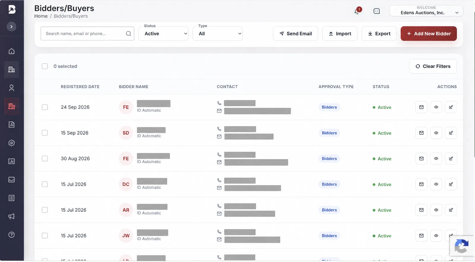 Bidder and buyer list with status and approval controls.