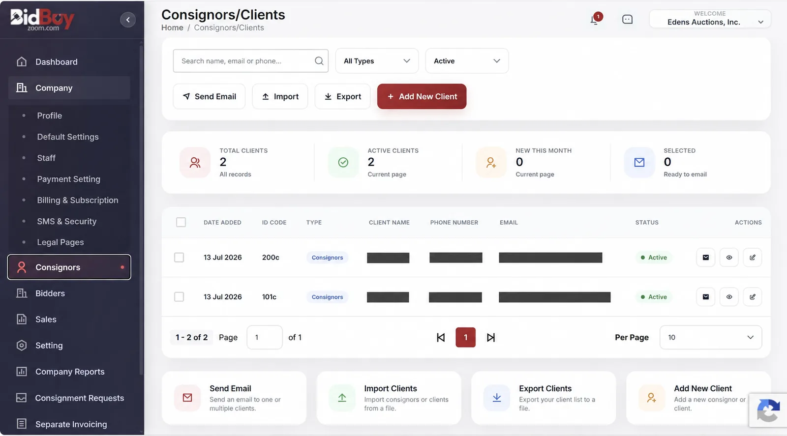 Consignor and client list with search, filters, and add client controls.