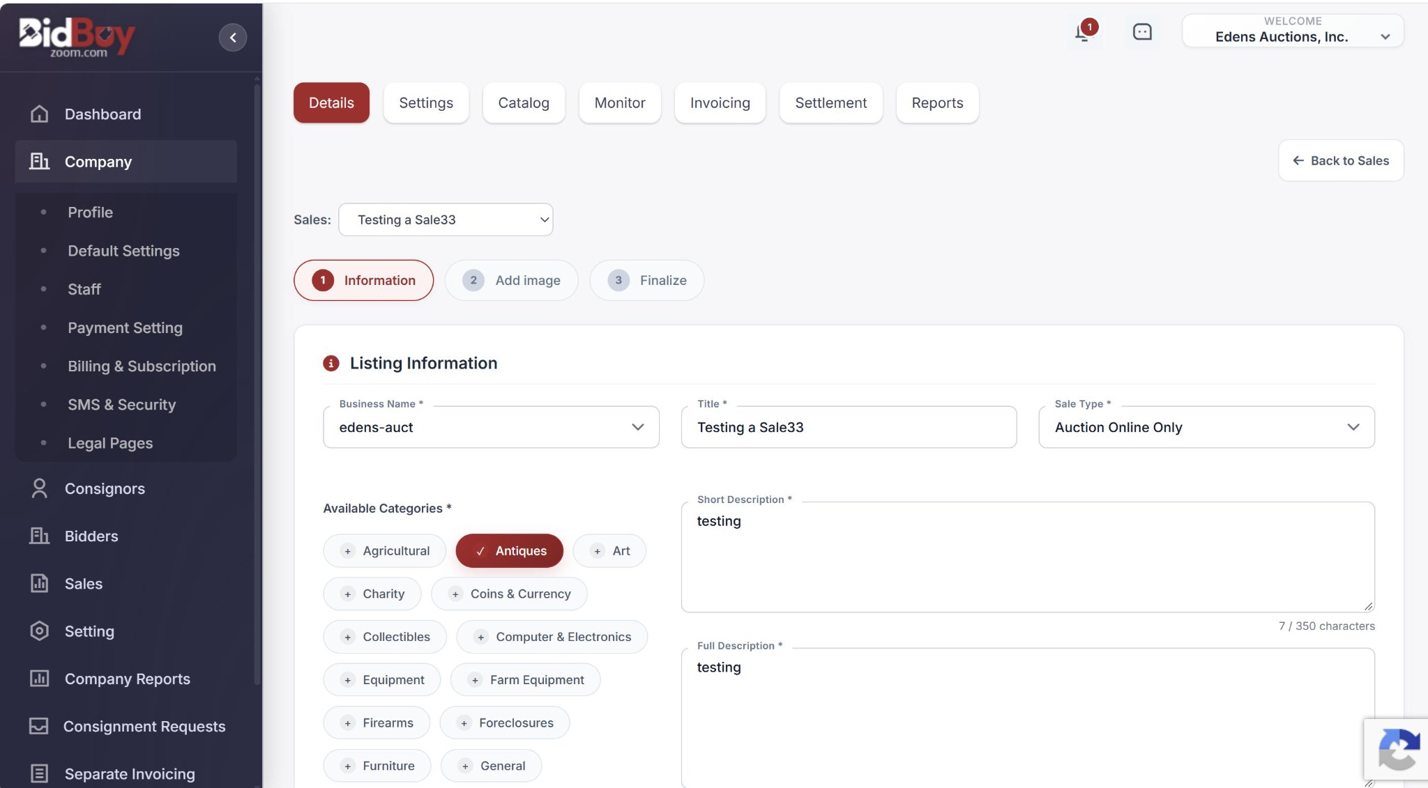 Create a sale and enter its primary details.