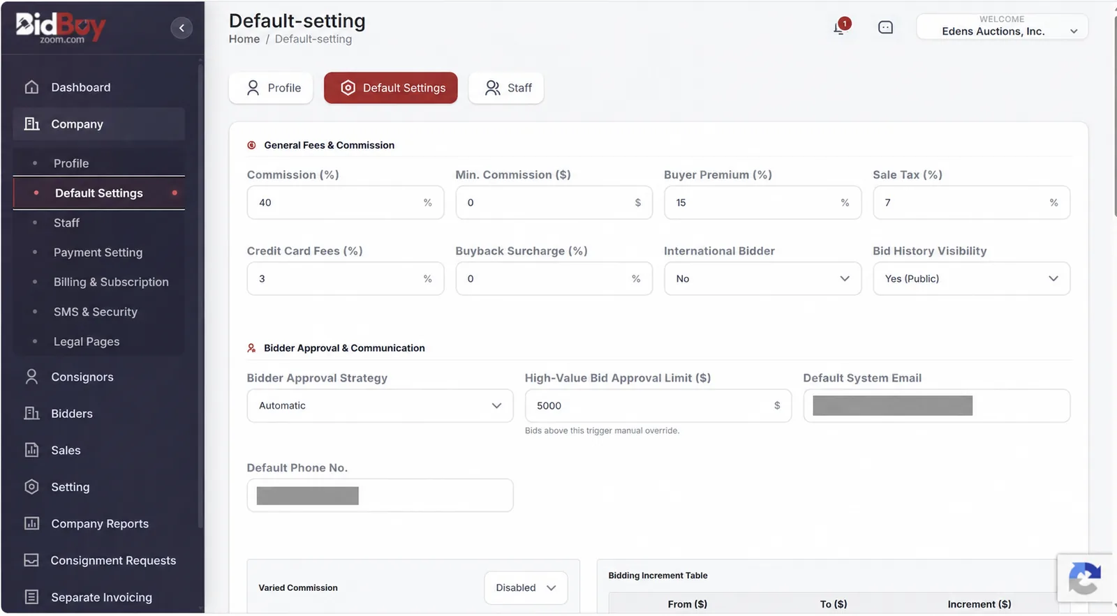 Company defaults: review each value before a new sale goes live.