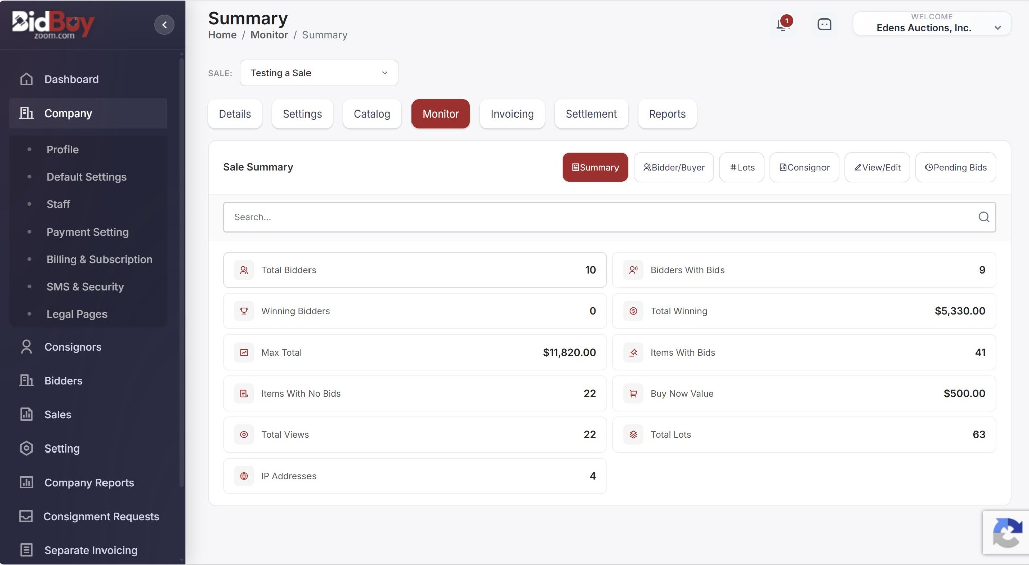 Sale workspace with its monitoring and other sale tabs.