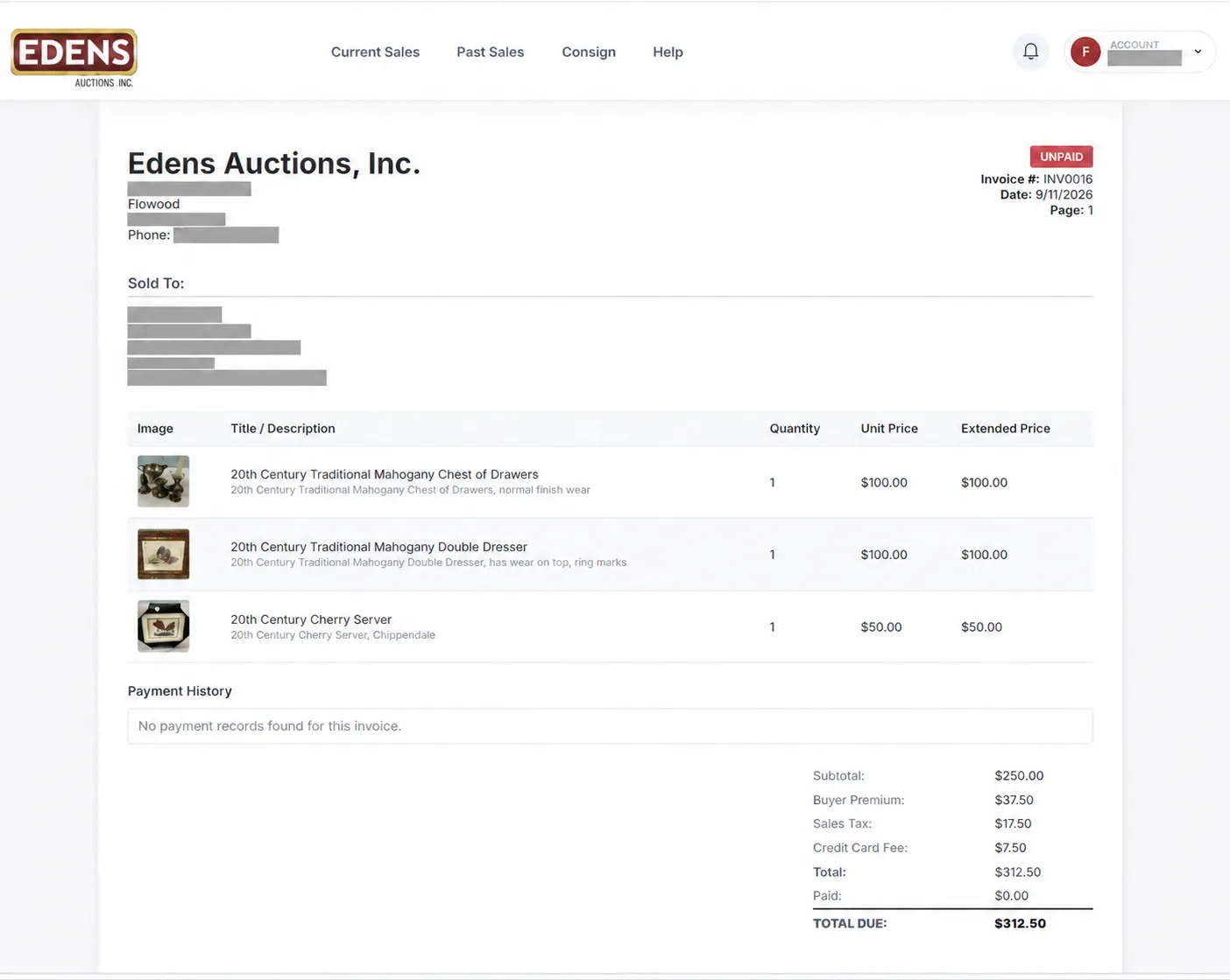 Bidder-facing invoice and online payment view.