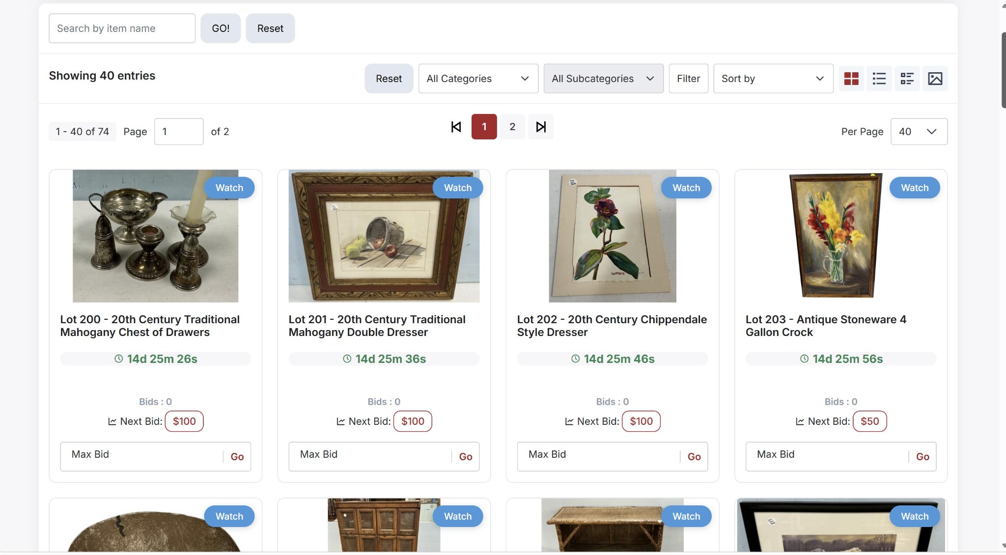 Public catalog with bidding controls.