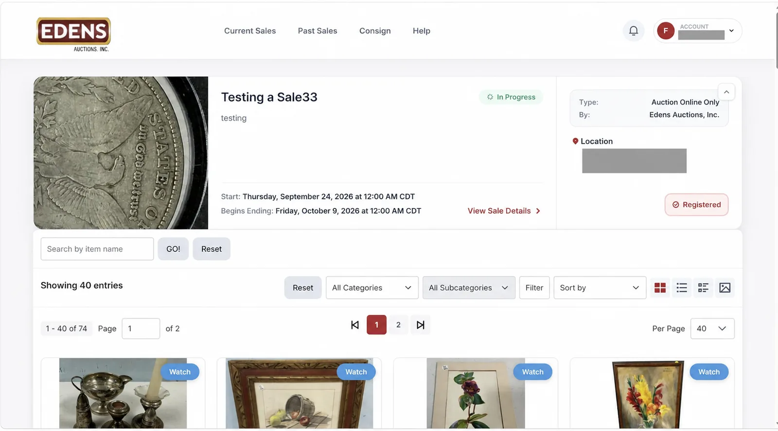 Public catalog preview with search, filters, and lot cards.