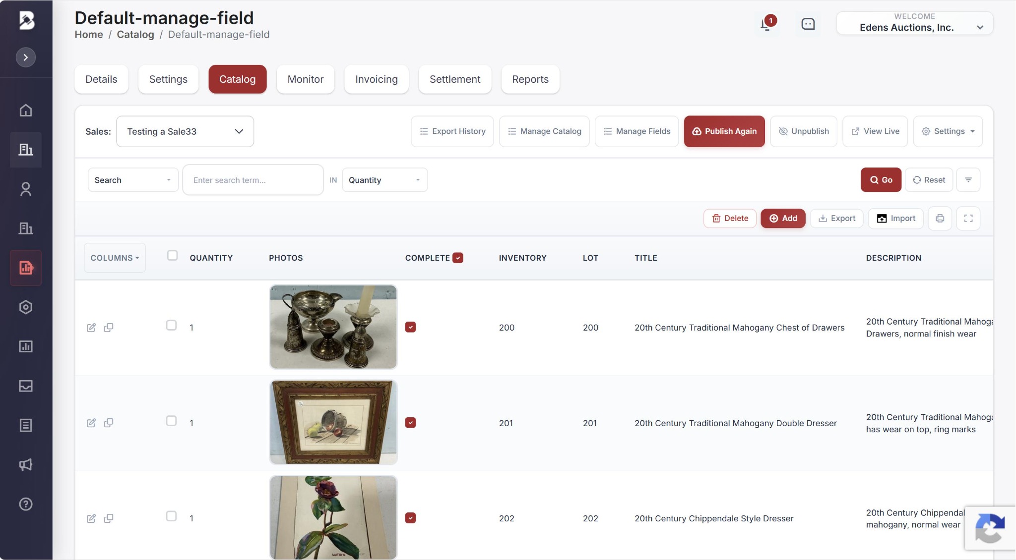 Catalog workspace and its lot management controls.