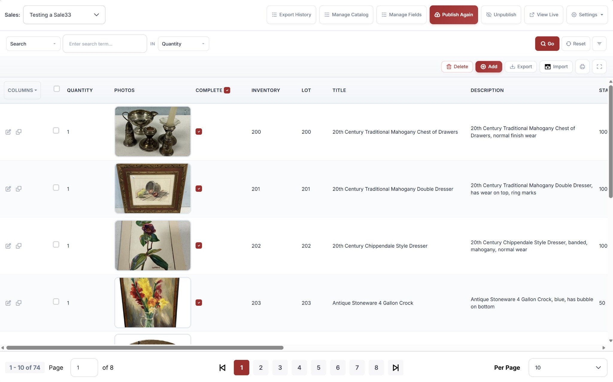 Expanded catalog view for reviewing lots.