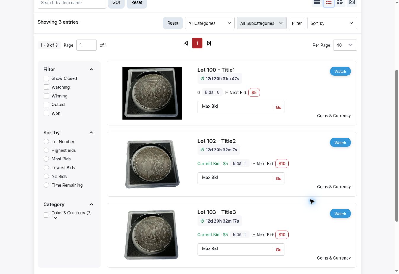 Catalog filters, sorting, pagination, and lot cards