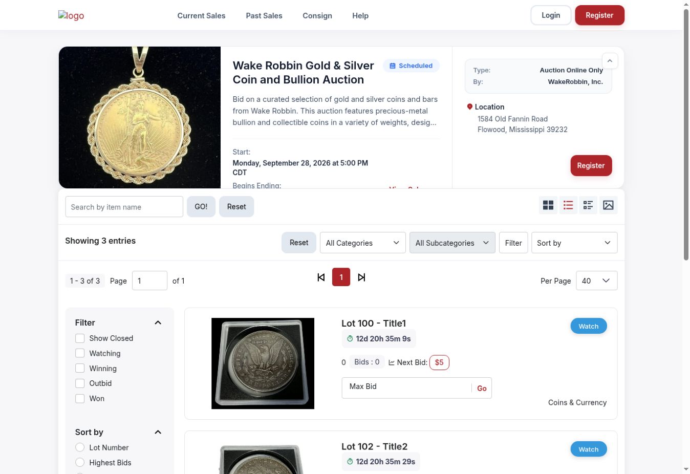 Auction overview with search and layout controls