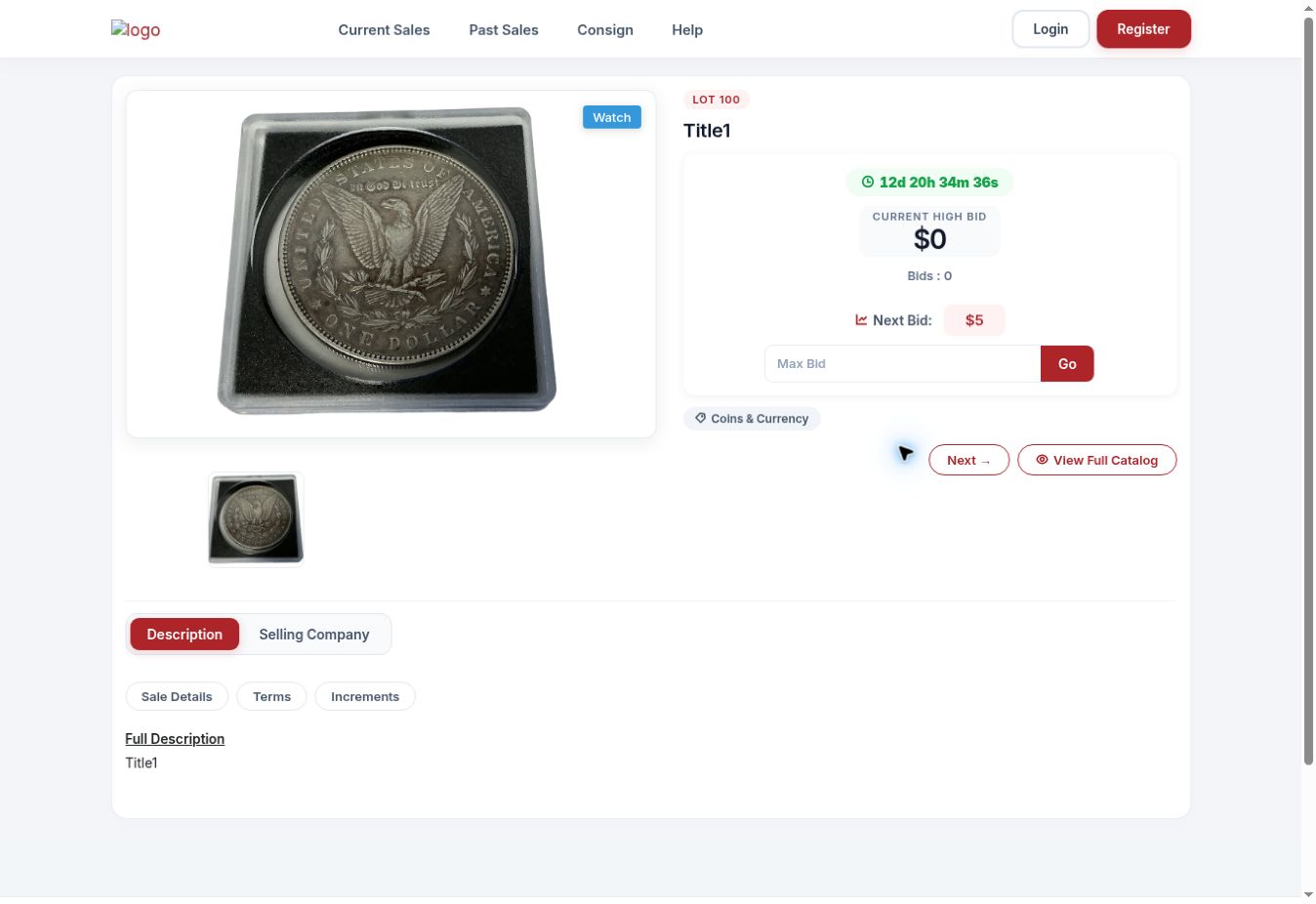 Lot detail with photo, next bid, max bid, and information tabs