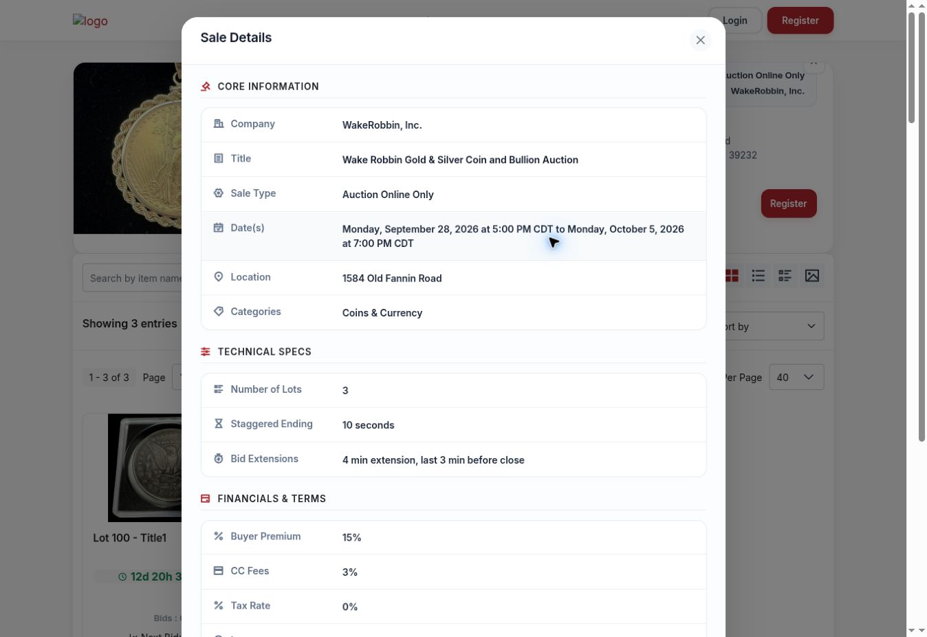 Sale Details window with dates, fees, and bid extension settings