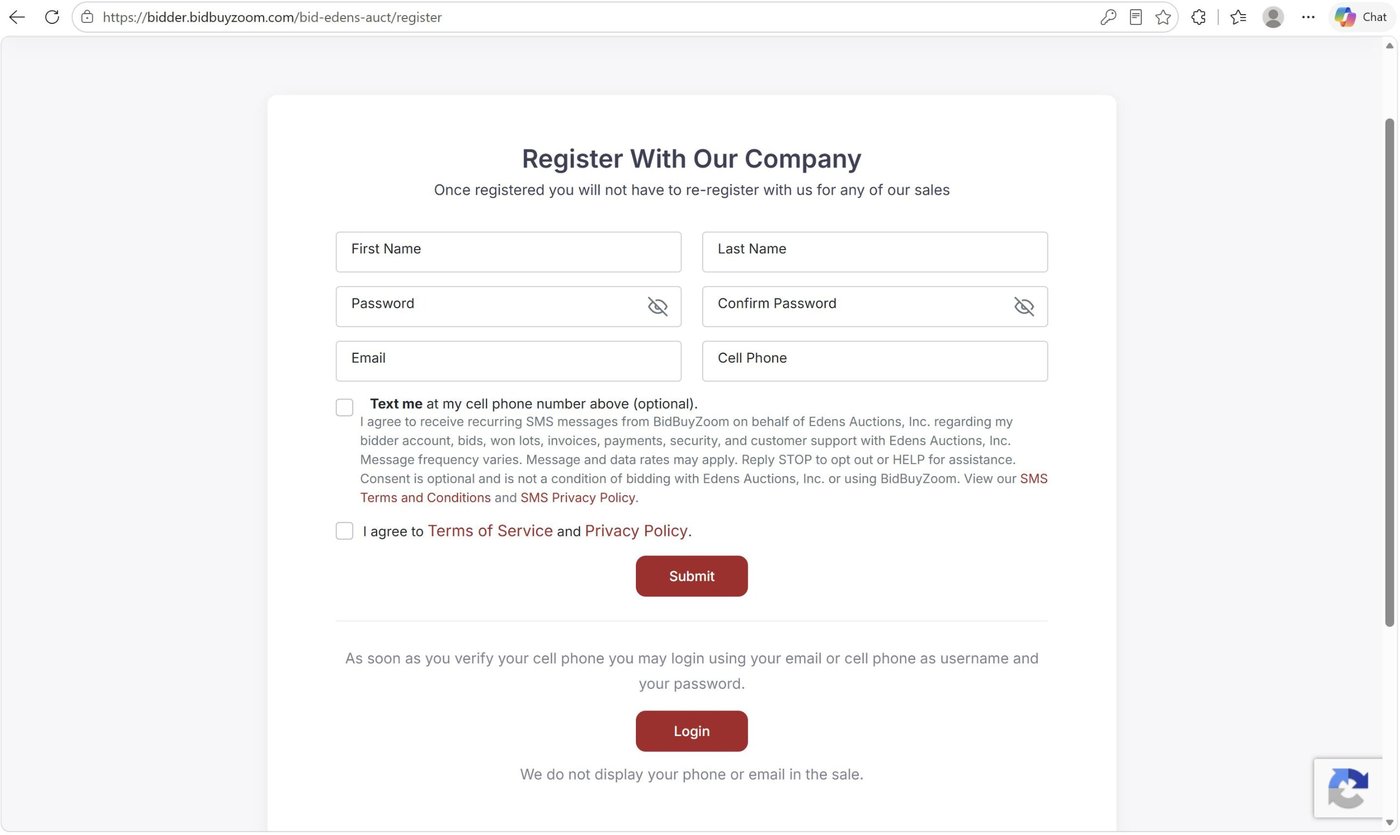 BidBuyZoom bidder sign-up form on an auction company’s site showing the optional text-message consent checkbox naming that auction company, unchecked by default, next to the mobile number field